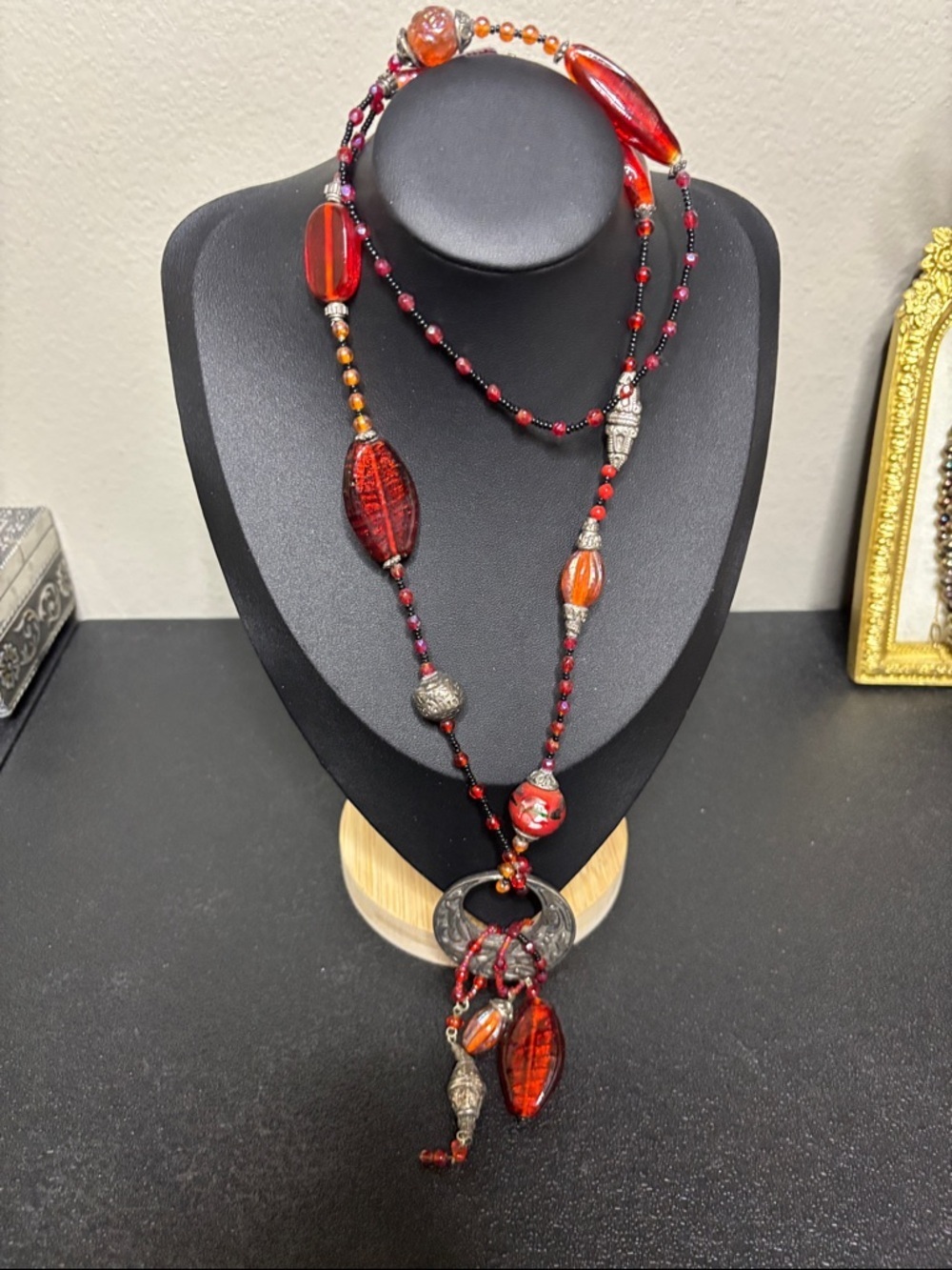 Rare Vintage Glass Beaded Long Red Silver Tone  Dangle Popover Necklace